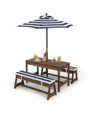 Kids Picnic Table and Bench Set with Cushions and Height Adjustable Umbrella