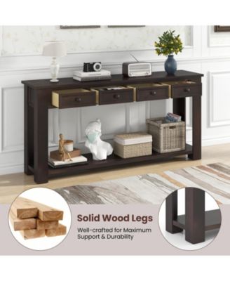 63 Inches Farmhouse Entryway Table with 4 Storage Drawers and Open Shelf