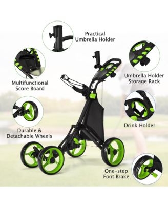 4 Wheels Foldable Golf Push Pull Cart Trolley w/ Brake Waterproof Bag