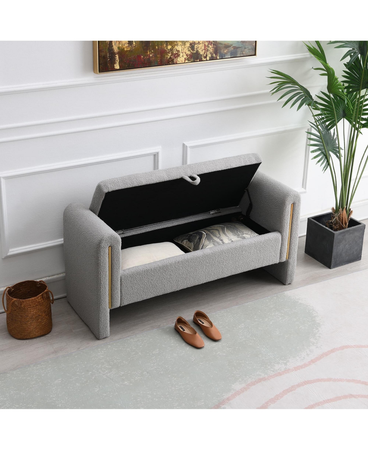 Modern Teddy Bed End Bench with Storage and Arms, Upholstered Foot Rest Stool, Comfy Vanity Bench-The Pop Home