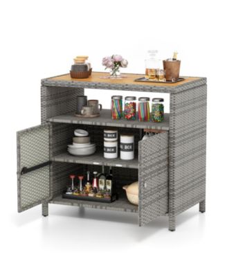 Rattan Storage Cabinet with Acacia Wood Countertop for Poolside Deck and Patio