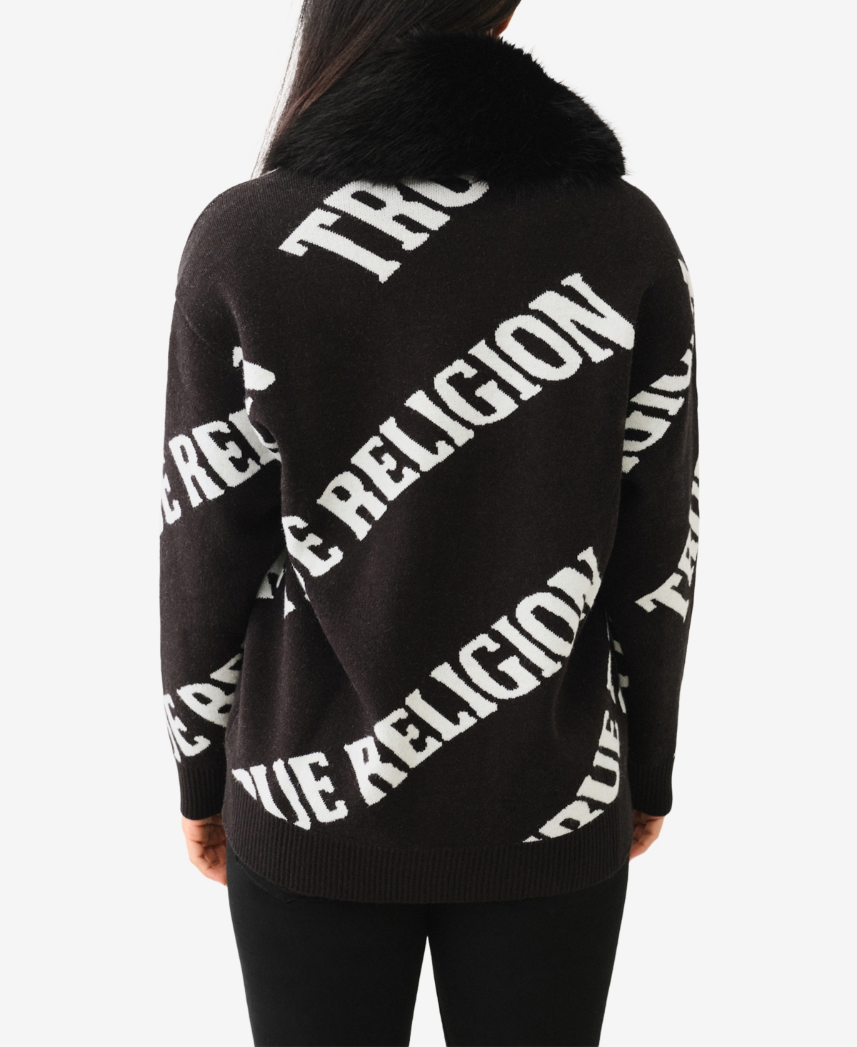 TRUE RELIGION WOMEN'S FAUX FUR COLLAR CARDIGAN SWEATER 