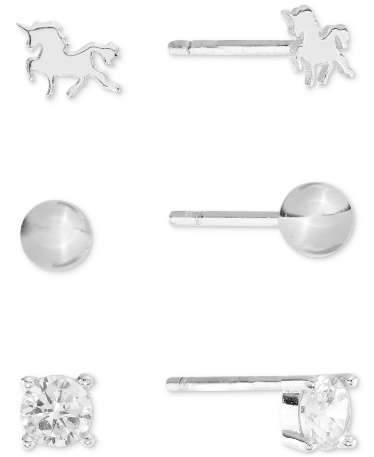 Macy's Cubic Zirconia, Bead & Horse 3-pc. Set Stud Earrings (7/8 Ct. T.w.) In 14k Gold Over Sterling Silver In Silver