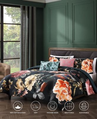 Botanical Birds Bedding 220 Thread Count 100% Cotton Sateen 5 Piece Queen Size Reversible Comforter Set