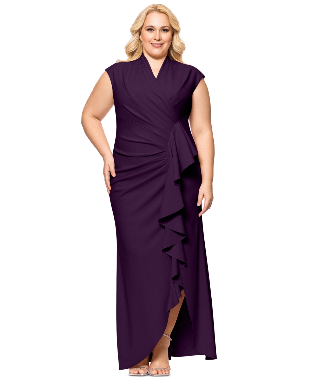 BETSY & ADAM PLUS SIZE CASCADING RUFFLE WRAP GOWN 