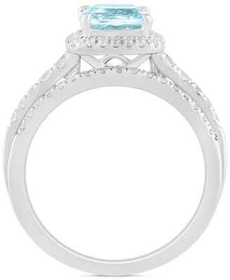 Aquamarine (1-1/4 ct. t.w.) & Diamond (1/2 ct. t.w.) Cushion Halo Bridal Set in 14k White Gold