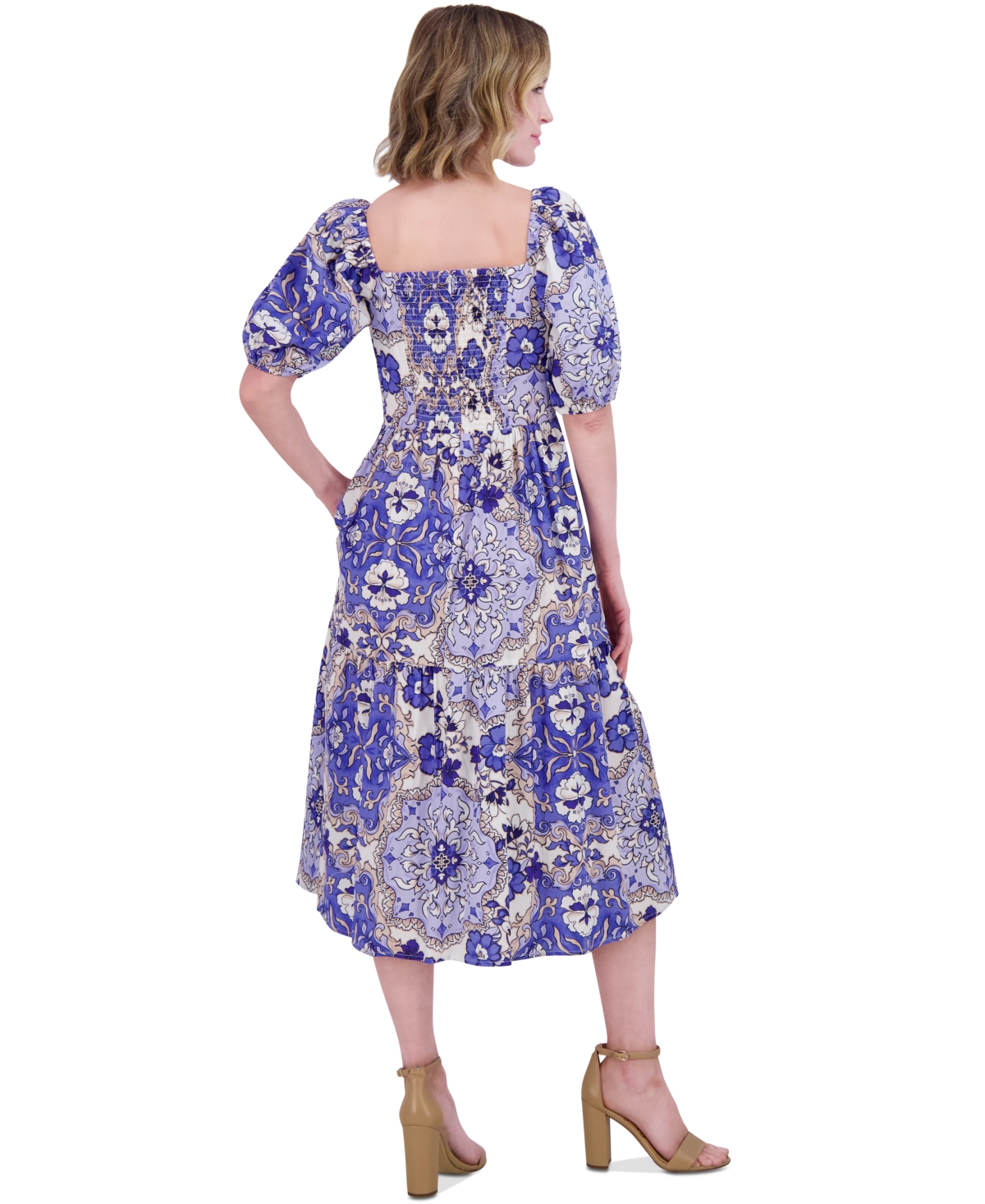 Vince Camuto Petite Printed Cotton Puff-sleeve Midi Dress In Blue,white