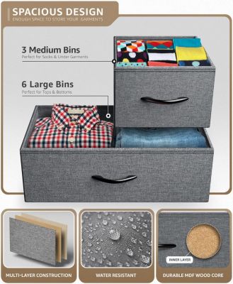 9 Drawers Dresser - Furniture Storage for Bedroom, Closet, Office Organization - Steel Frame, Wood Top, Fabric Bins