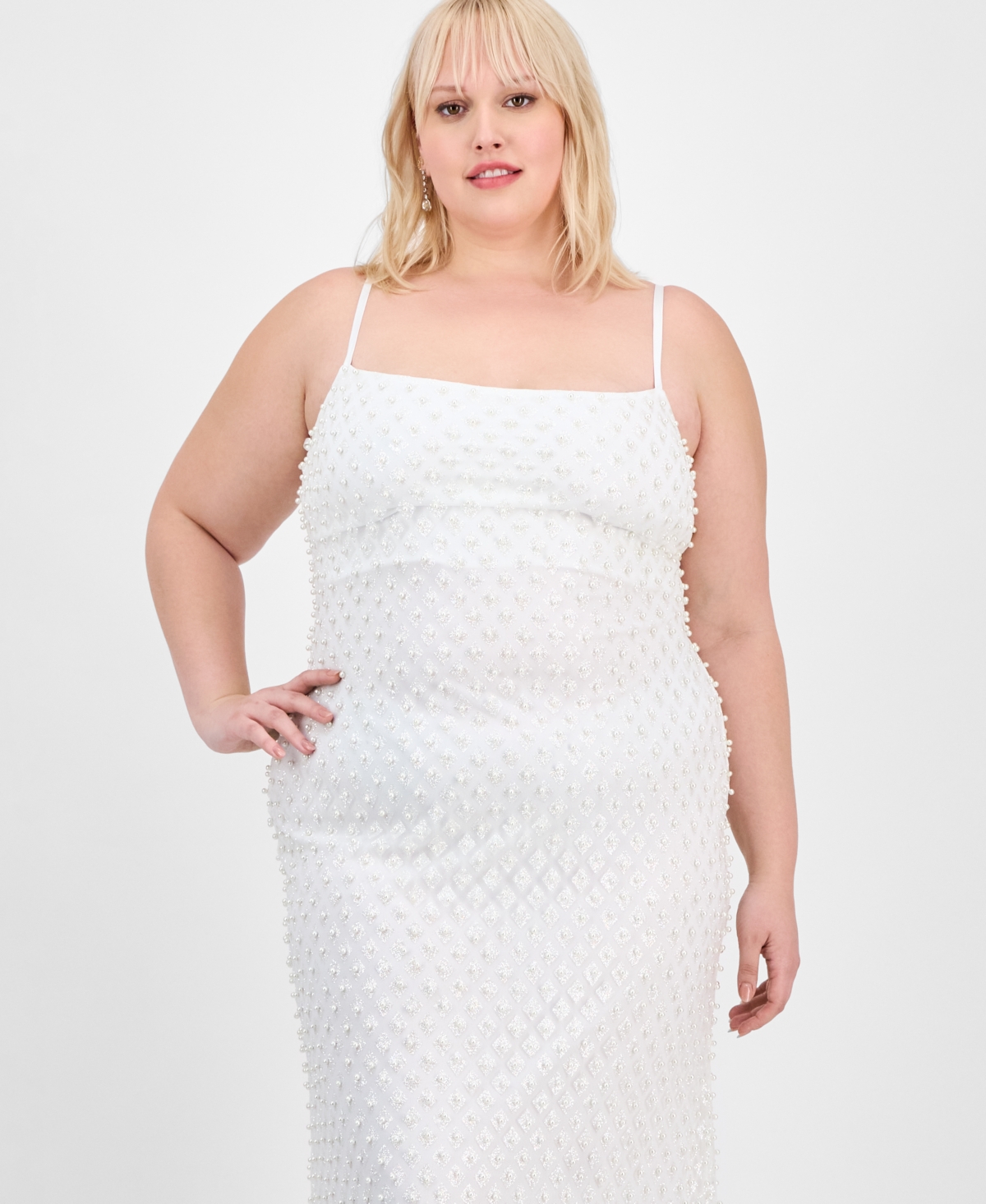 B Darlin Trendy Plus Size Pearl-embellished Mesh Sleeveless Gown In White