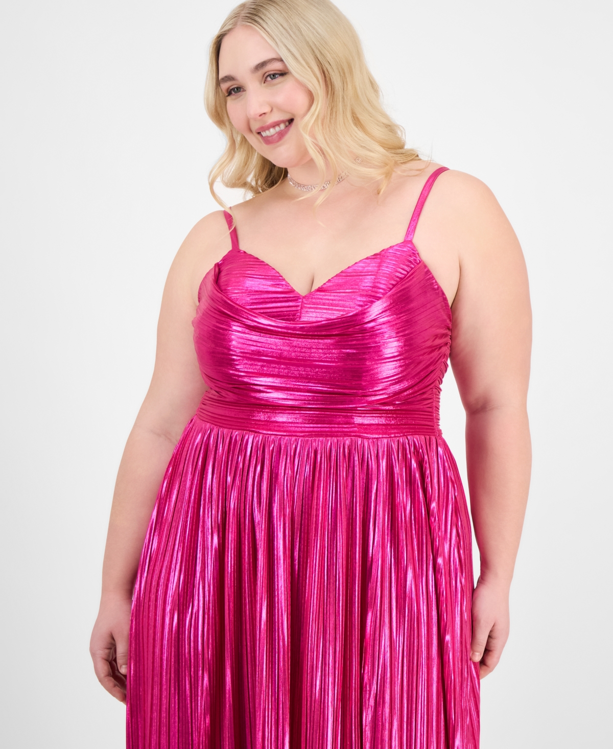 City Studios Trendy Plus Size Pleated Metallic Sleeveless Gown In Dark Pink