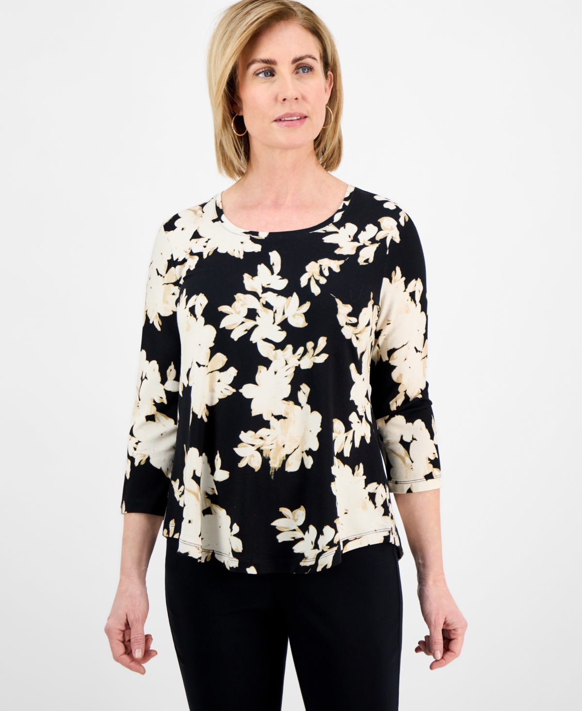 Jm Collection Women's Printed 3/4-sleeve Top, Exclusively At Macy's In Black Floral