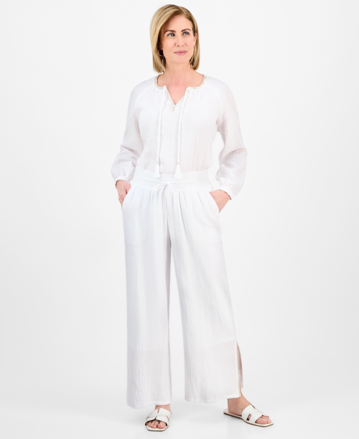 JM COLLECTION PETITE GAUZE SPLIT-HEM WIDE-LEG PANTS, EXCLUSIVELY AT MACY'S 