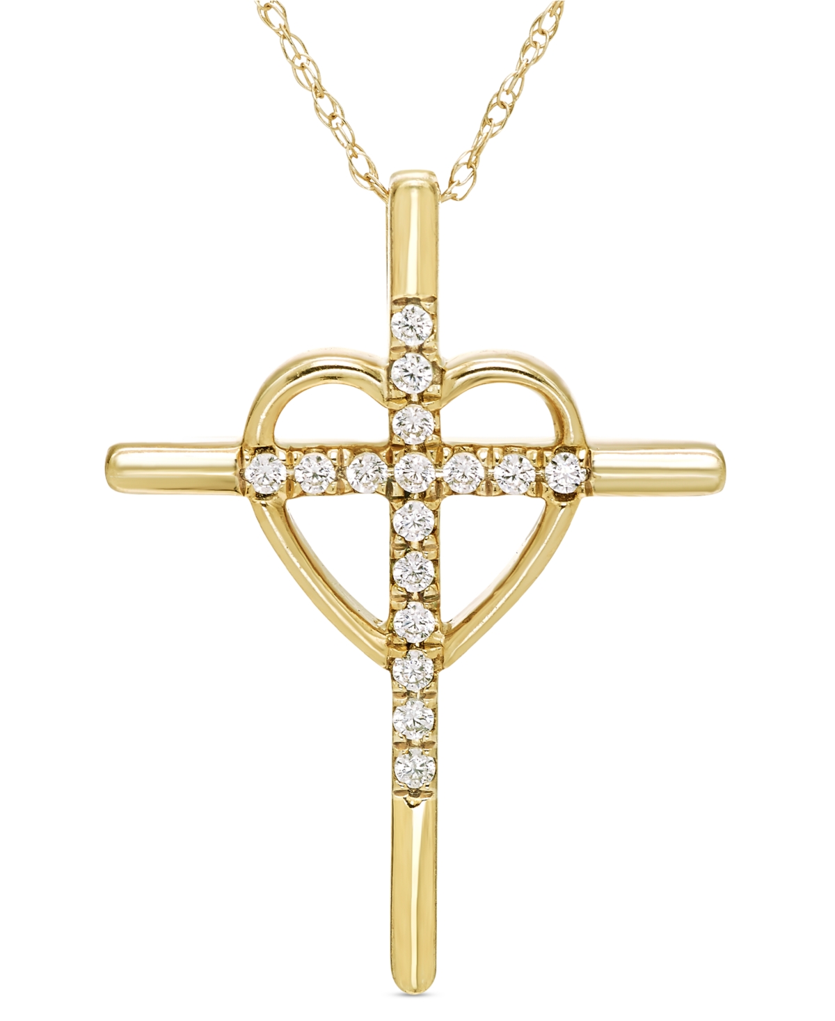 MACY'S DIAMOND HEART & CROSS 18" PENDANT NECKLACE (1/6 CT. T.W.) IN 10K GOLD 