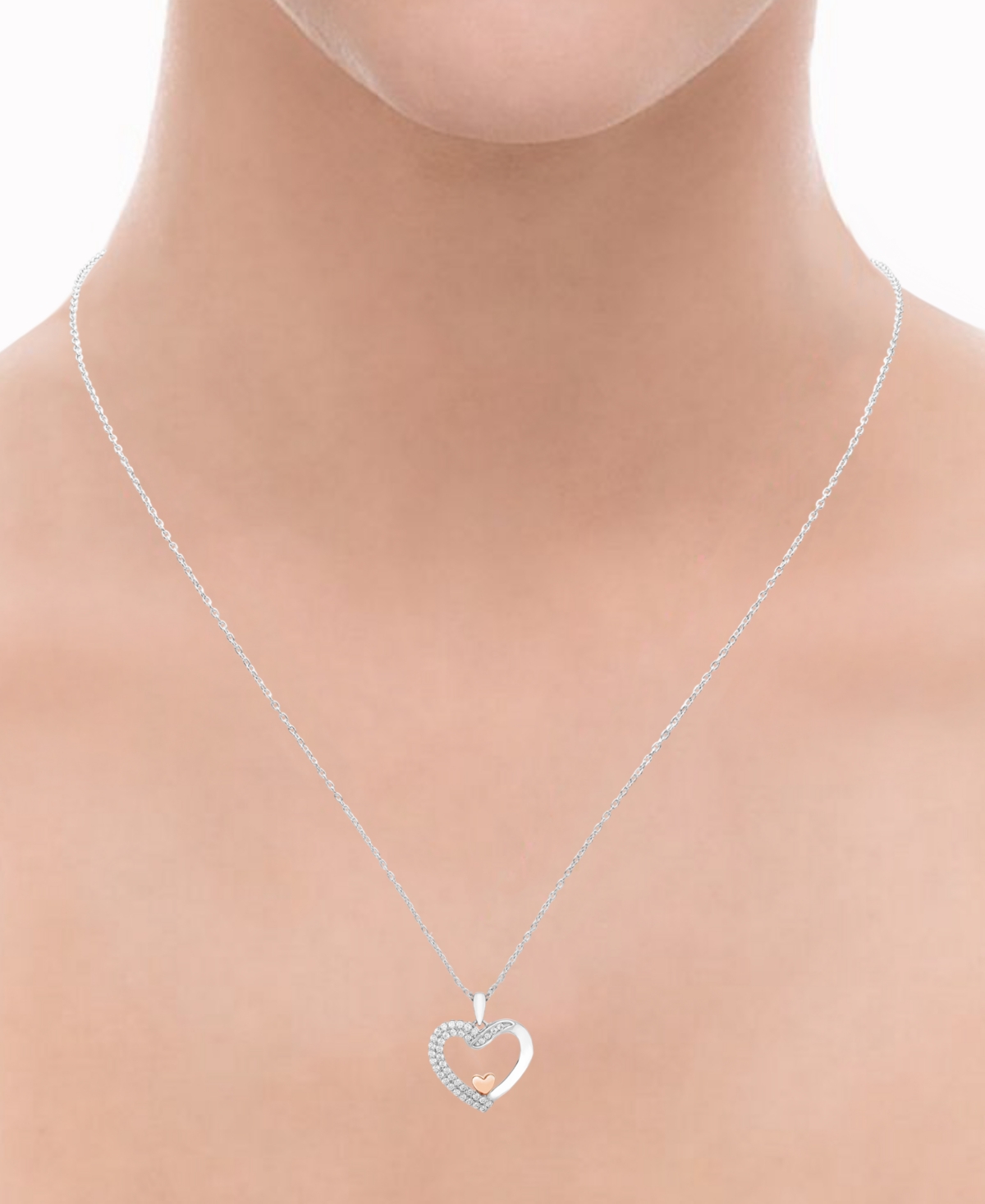 MACY'S DIAMOND DOUBLE ROW TWO HEART 18" PENDANT NECKLACE (1/4 CT. T.W.) IN STERLING SILVER & 10K ROSE GOLD 