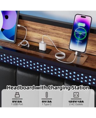 Queen Bed Frame with Charging Station, LED Bed Frame with Storage Headboard, Upholstered Platform Bed Frame