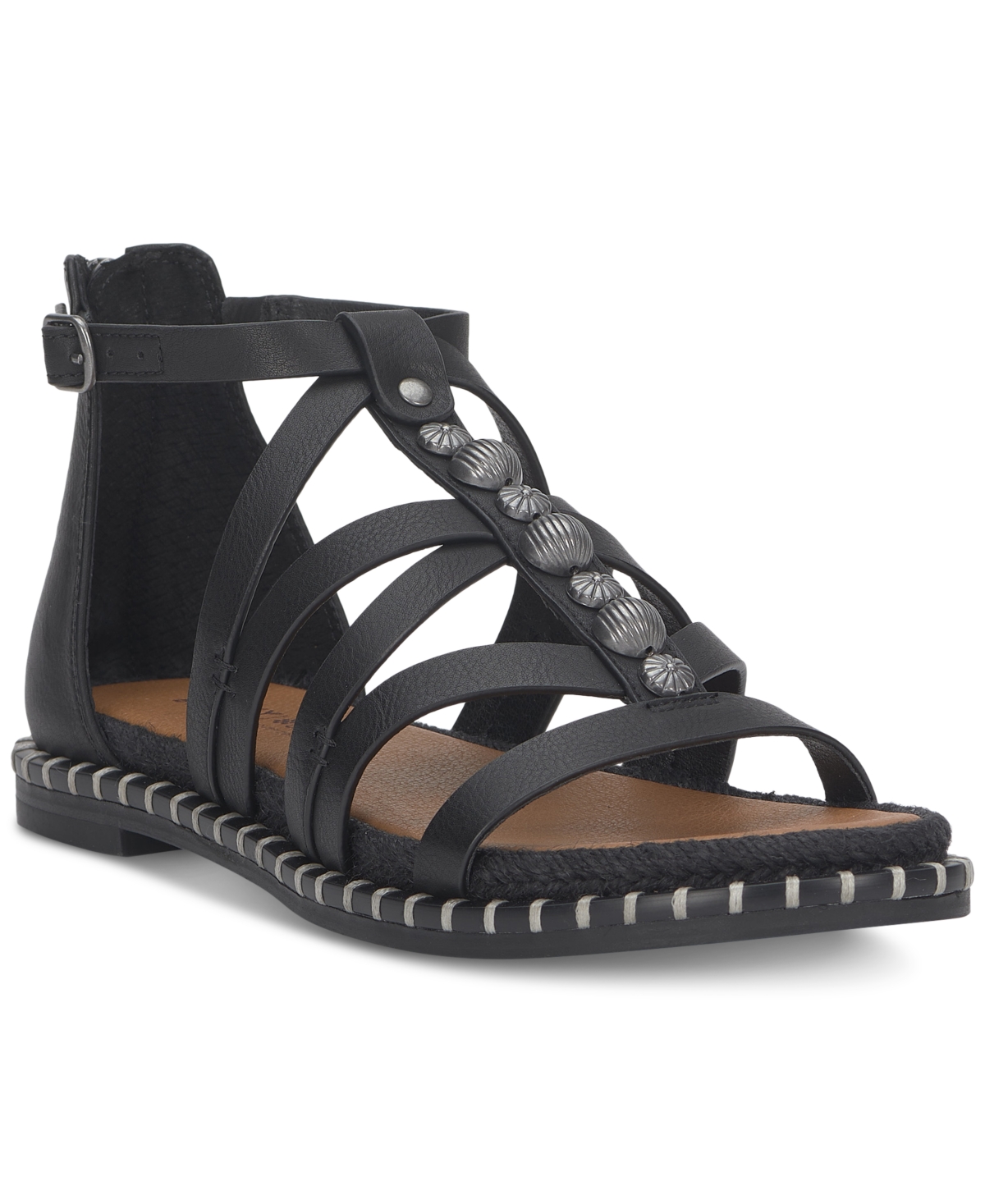 Shop Lucky Brand Women's Korina Embellished Strappy Gladiator Flat Sandals In Black Burnished Leather