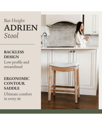 Adrien Saddle Bar Stool in Weathered Oak Finish w/ Sand Color Fabric Upholstery, Set of 2