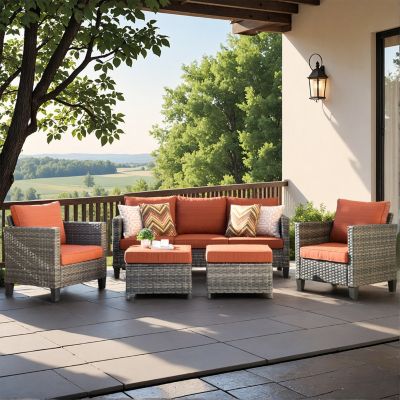 5 Piece Patio Furniture, Outdoor Furniture Sets, Modern Wicker Patio Furniture Sectional and 2 Pillows, All Weather Garden Patio Sofa, Backyard