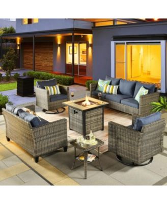 Patio Furniture Set 6 Piece Outdoor Sectional Sofa Set with Rocking Swivel Chairs Square Fire Pit Table Loveseat All Weather Wicker Rattan Conversation Sets for Yard Porch