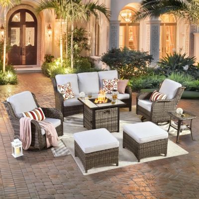Outdoor Swivel Rocking Chairs with 50,000 BTU Propane Fire Pit Table 7 Pieces All Weather PE Wicker Conversation Sofa and Matching Side Table