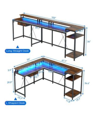 L Shaped Desk with Drawers and Led Lights, 55 Inch Computer Desk with Shelves & Monitor Stand, L Shaped Computer Desk with USB Charging Port and Power Outlets, Home Office Desk Corner Desk