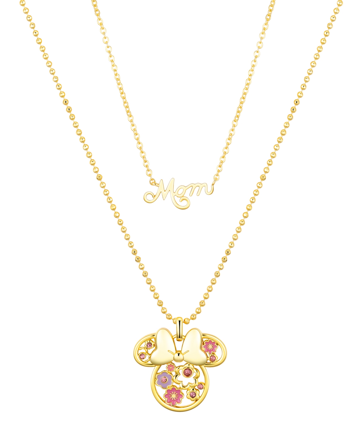 Pink Crystal Minnie Mouse Flower Mom Layered Pendant Necklace - Gold