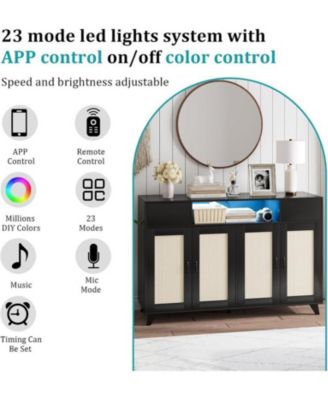 Sideboard Buffet Cabinet, 47" Accent Storage Cabinet with 4 Rattan Doors & 2 Drawers Console Table Coffee Bar w/Power Outlet & LED Light Adjustable Shelves for Dining Living Room, Hallway