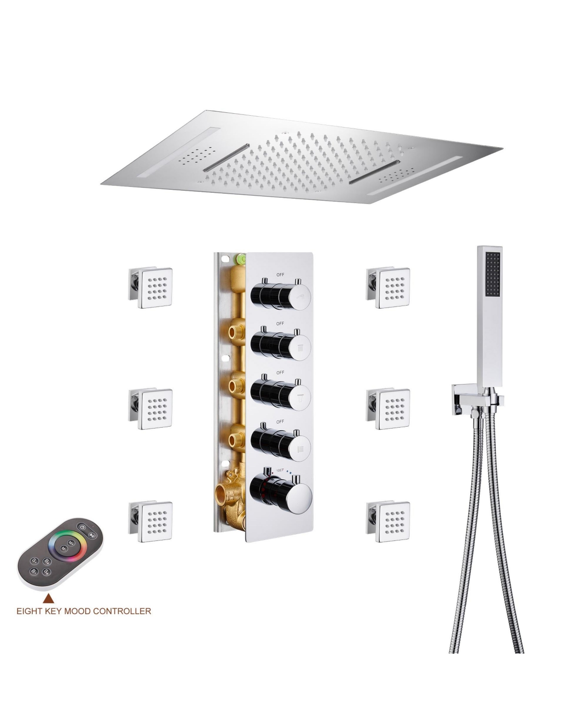 Chrome Luxury 4-Way Thermostatic Shower System with Led and Music Player Shower Faucet Set with Handheld Shower Head and Body Jets - Chrome