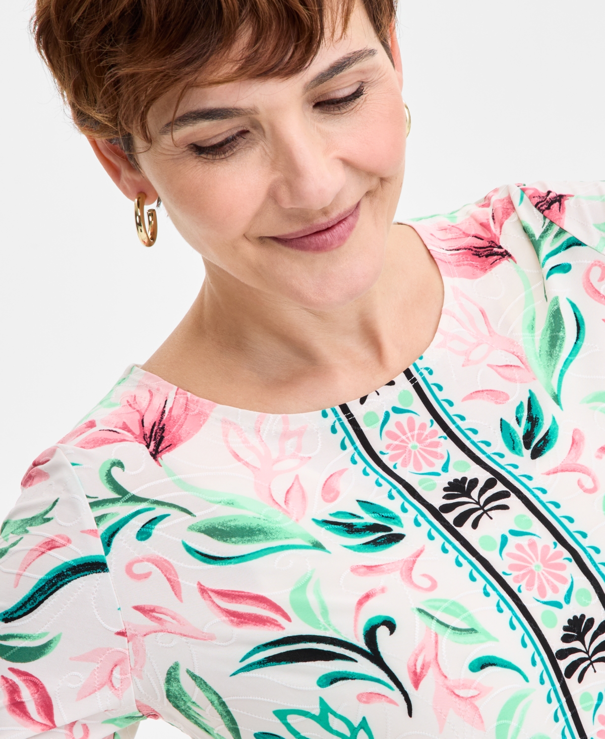 JM COLLECTION PETITE 3/4-SLEEVE JACQUARD TOP, EXCLUSIVELY AT MACY'S 