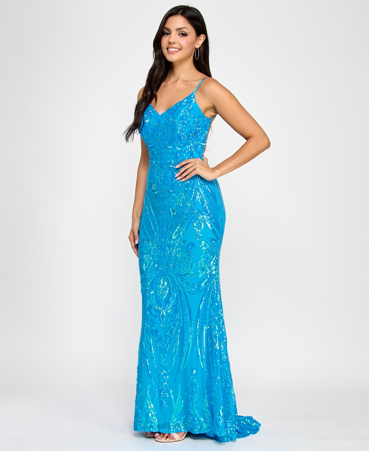 B Darlin Juniors' Sequin-pattern Floor-sweeping Gown, Created For Macy's In Tourquise Iridescent