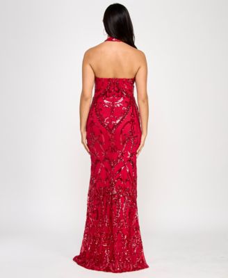 Juniors' Sequined Halter-Neck Evening Gown