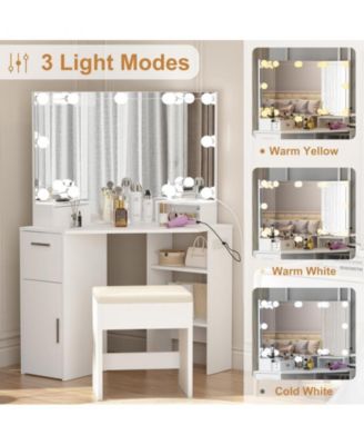2-Pc MDF Corner Vanity with Mirror Lights, Power Outlet, 2 Drawers, Stool, 3-Color Lighting – Vanity Table