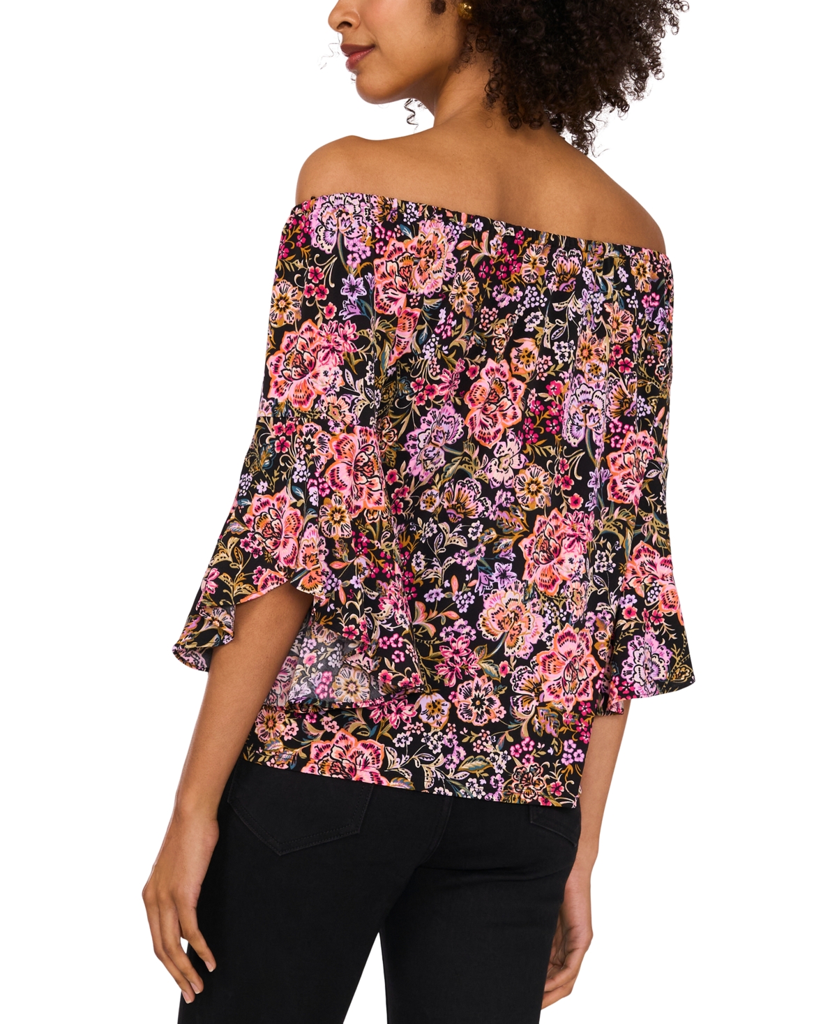 SAM & JESS PETITE OFF-THE-SHOULDER FLORAL-PRINT BELL-SLEEVE TOP 