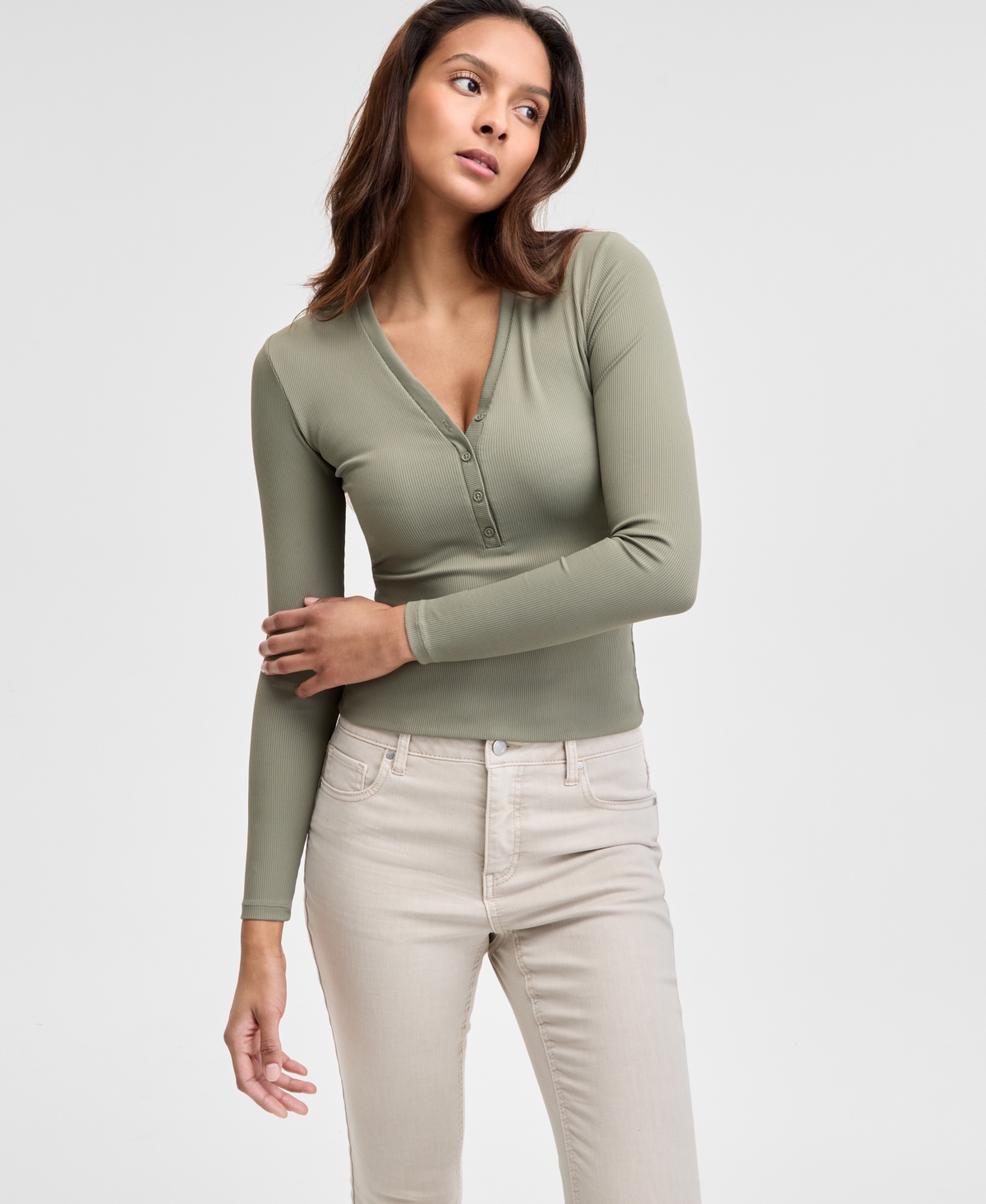 And Now This Women's Ribbed Henley-neck Long-sleeve Top, Created For Macy's In Crushed Oregano