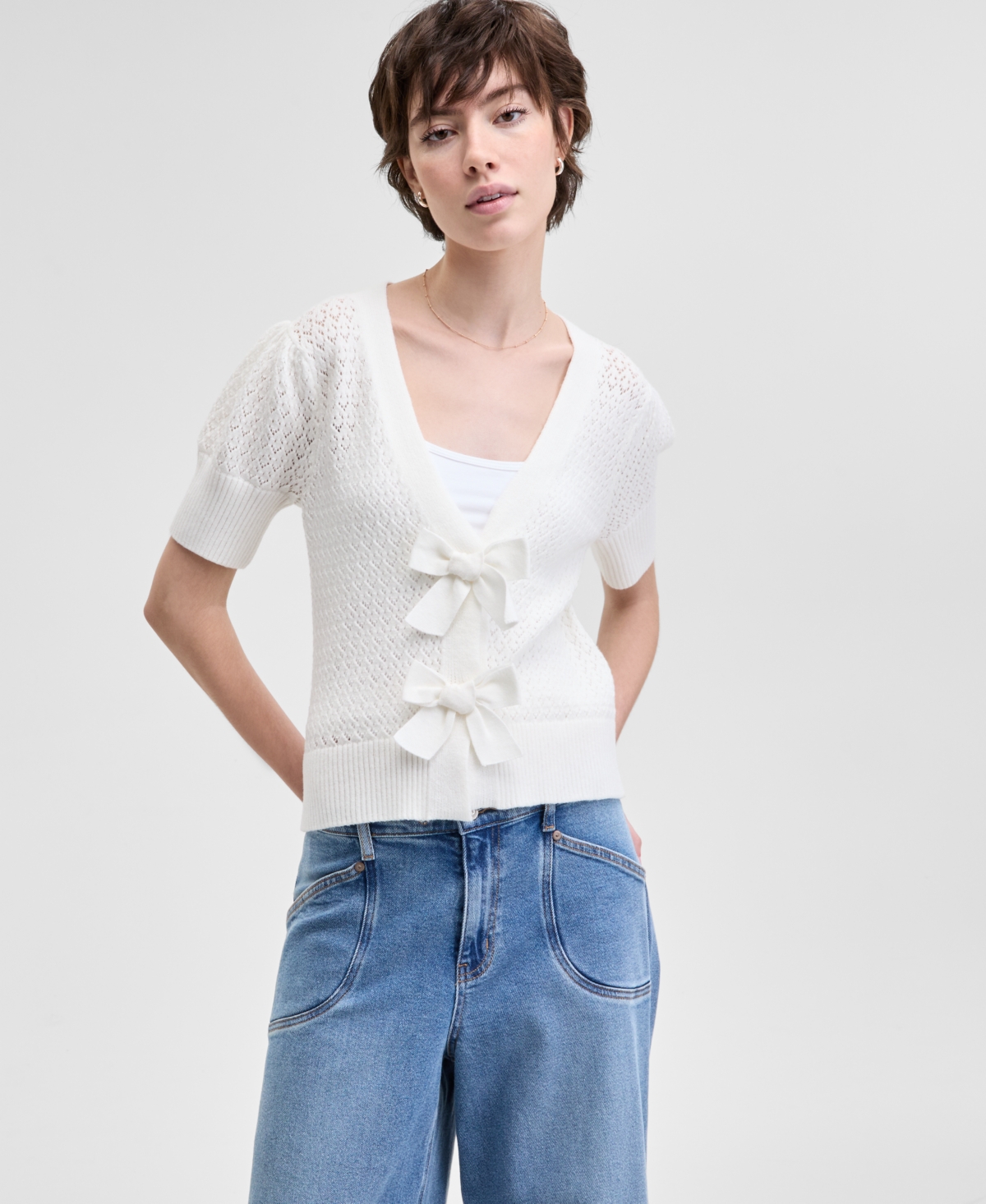 And Now This Women's Bow-front Pointelle Cardigan, Exclusively At Macy's In Calla Lily