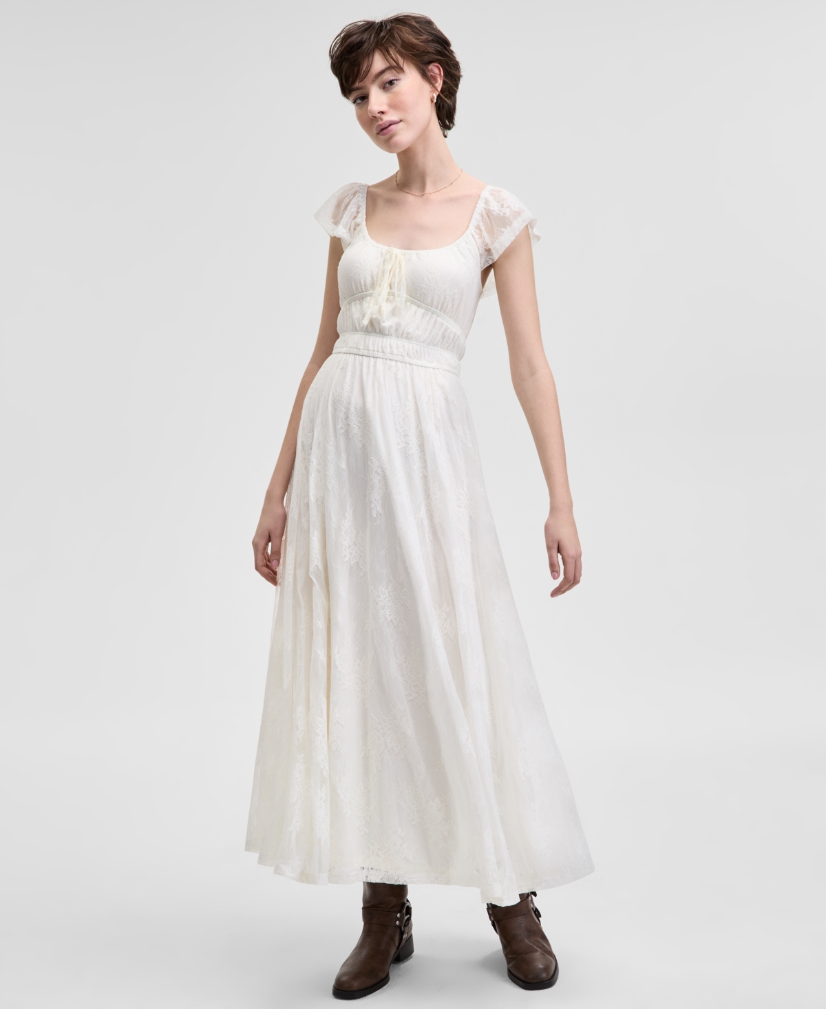 Women's Scoop-Neck Ruffle-Sleeve Maxi Lace Dress, Created for Macy's - Calla Lily