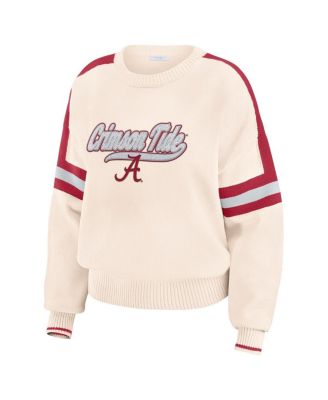 Women's Cream Alabama Crimson Tide Chenille Woven Patch Stripe Pullover Sweater