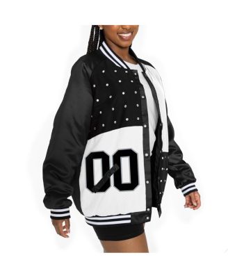 Women's Black/White Las Vegas Raiders Oversized Hot Shot Rhinestone Throwback Full-Snap Varsity Bomber Jacket