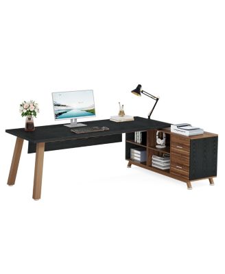 71-Inch Engineered Wood and Metal Large Office Desk with Storage Shelves, Executive L-Shaped Desk