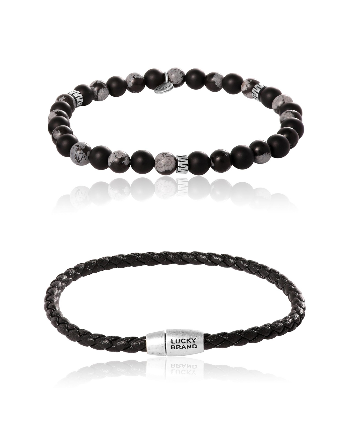 Matte Black Onyx, Snowflake Obsidian Stretch Bead & Magnetic Cord Bracelet Set - 2 Piece - Black