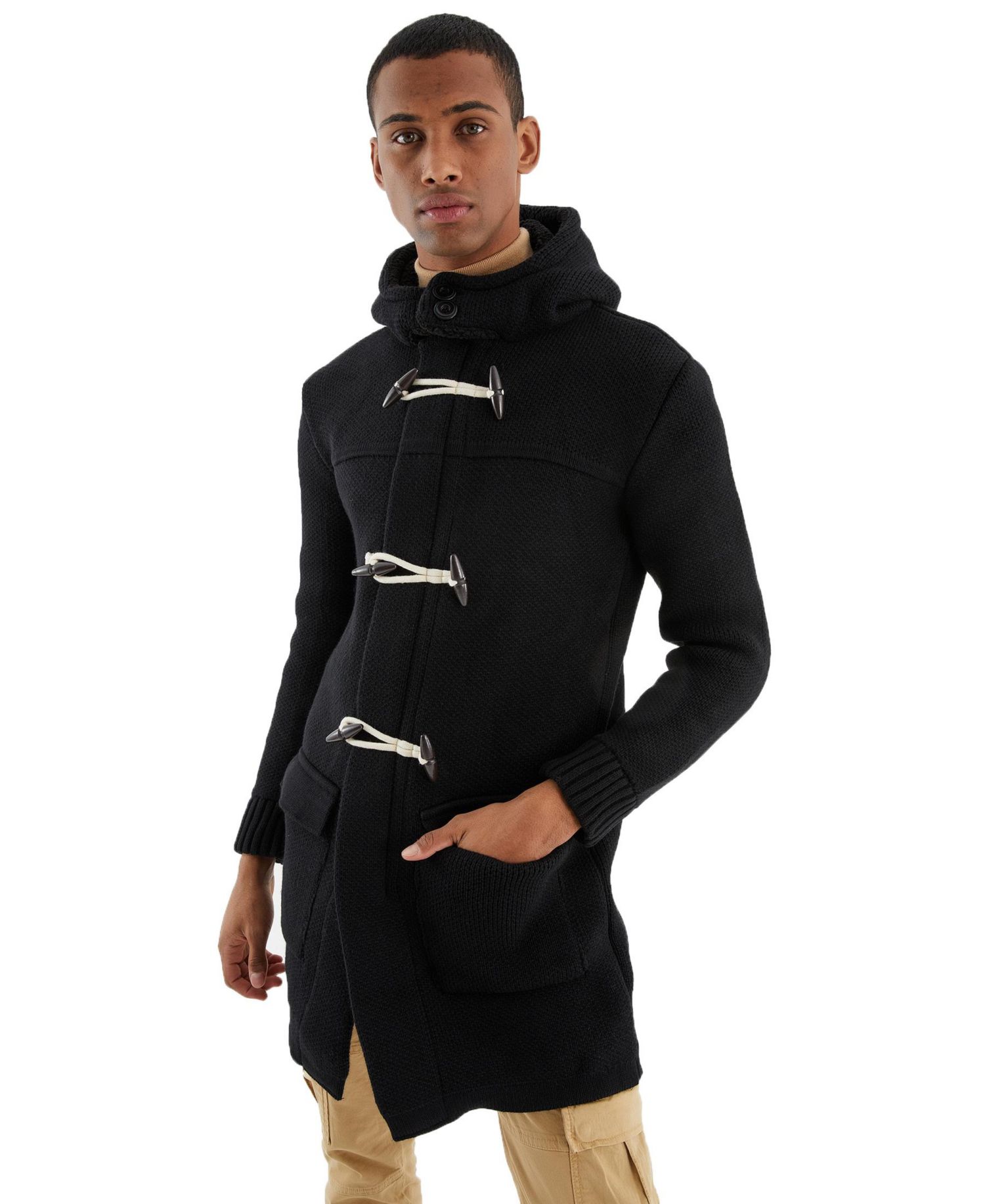 Men's Men s Long Hooded Knit Coat-Style Cardigan with Toggle Closure