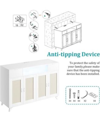 Sideboard Buffet Cabinet, 47" Accent Storage Cabinet with 4 Rattan Doors & 2 Drawers Console Table Coffee Bar w/Power Outlet & LED Light Adjustable Shelves for Dining Living Room, Hallway