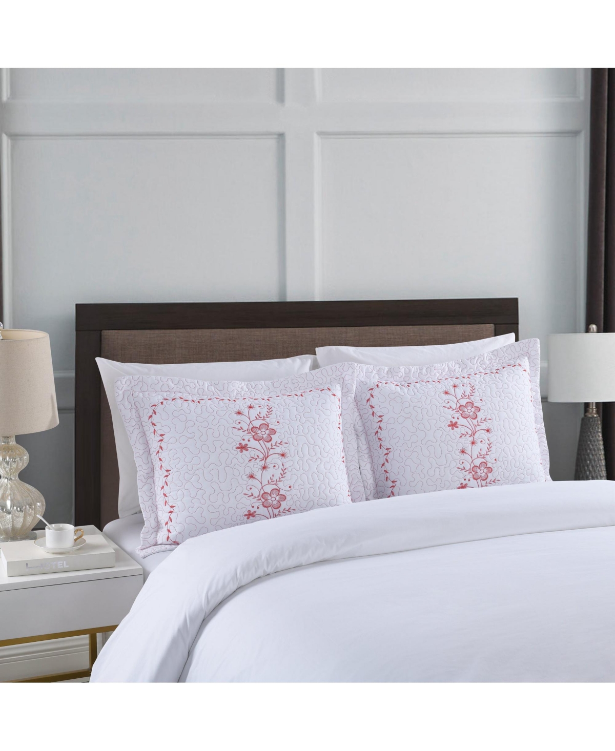 2 Pcs Embroidered Floral Pillow Shams King - White burgundy