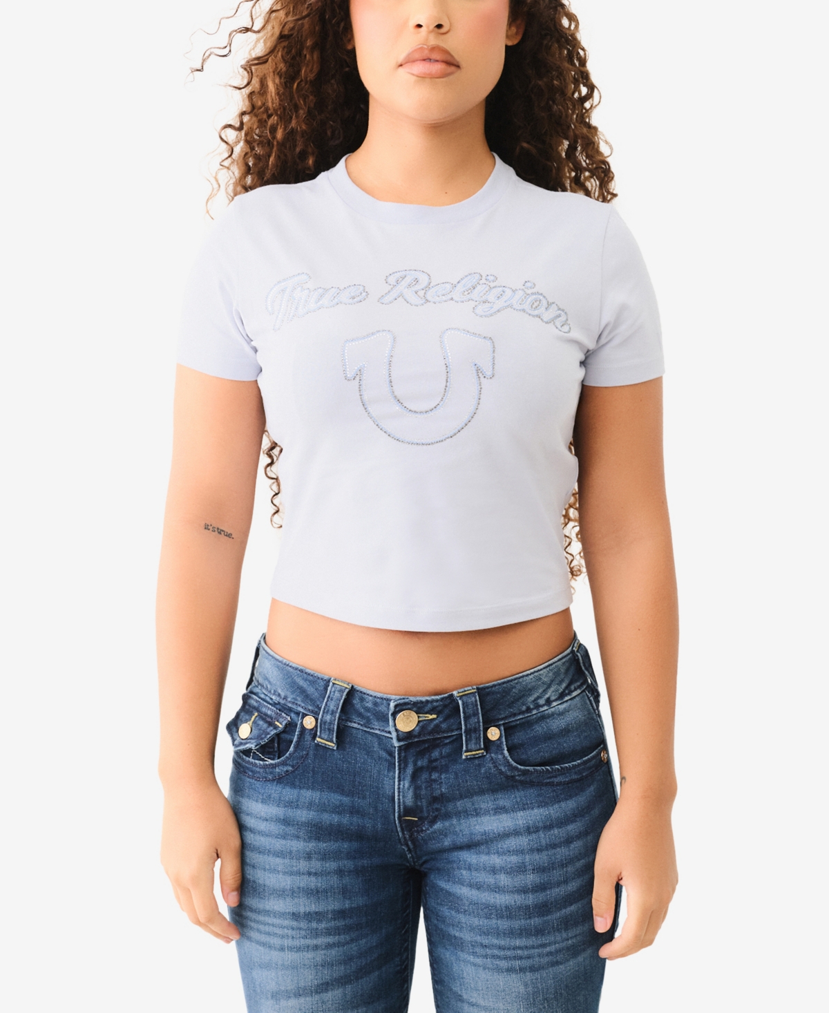 Shop True Religion Women's Arched Logo Baby Top In Zen Blue