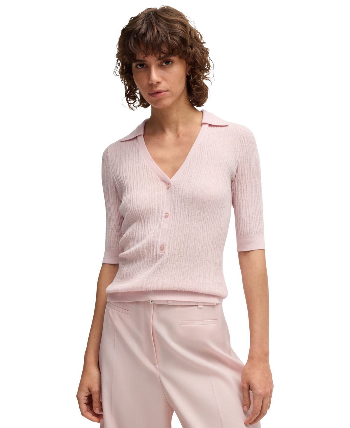 Boss by Hugo Boss Women's V-Neck Short-Sleeve Sweater - Light Pink