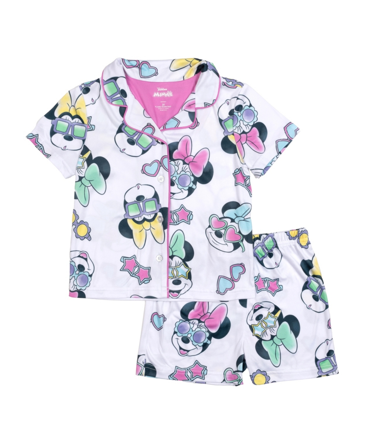 Minnie Mouse Toddler Girls Short Sleeve Button Down Sleep Short And Shorts, 2-piece Pajama Set