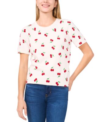 CeCe - Women's Cherry-Print Short-Sleeve Cotton Crewneck Sweater