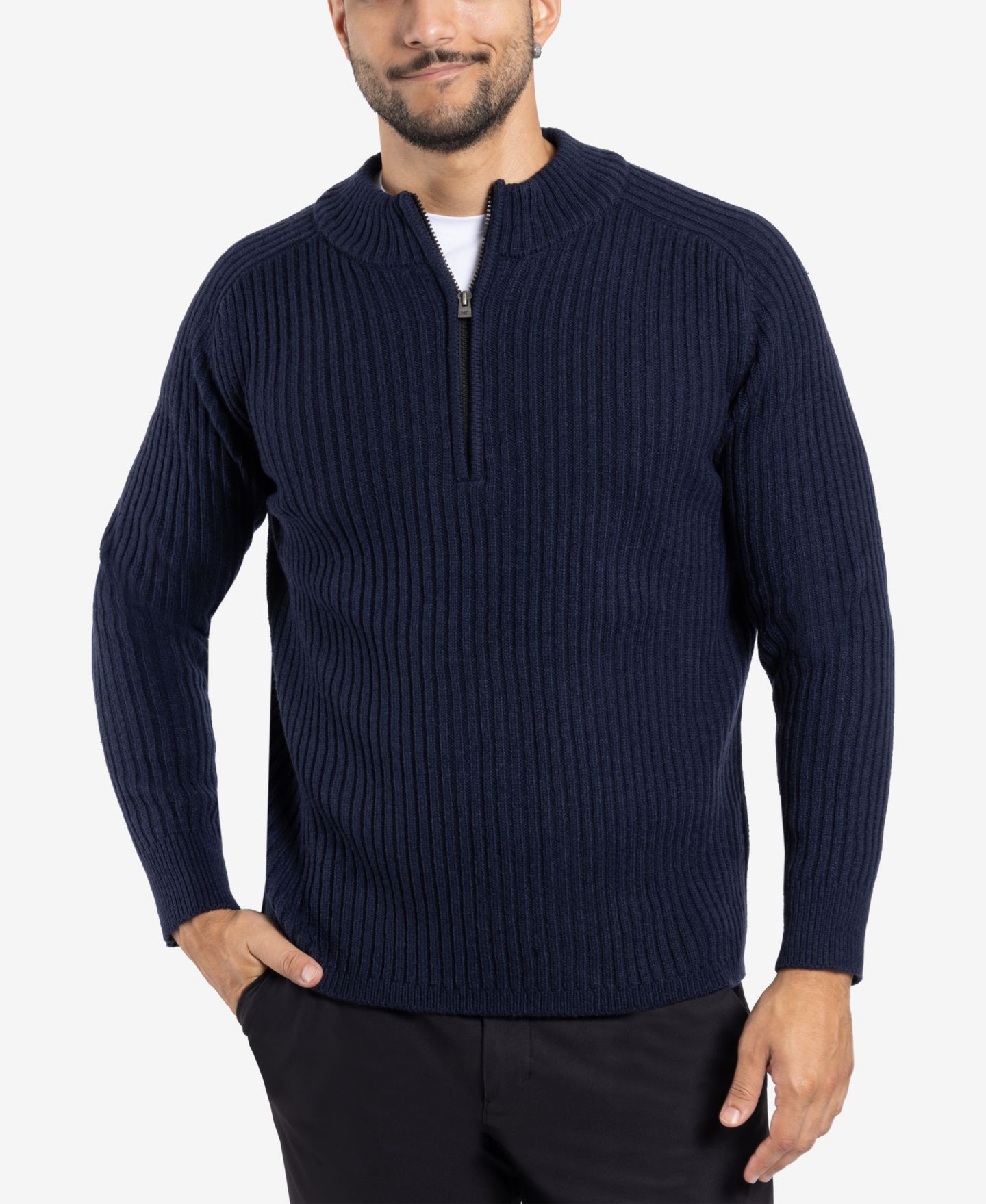 Мужской свитер X-Ray Ribbed Mock Neck Quarter-Zip, цвет: Тёмно-синий — фото 3