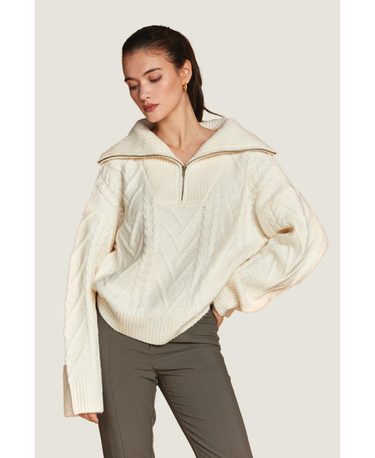Women's Finley Front Zip Chunky Cable Knit Sweater - Open white + pearl