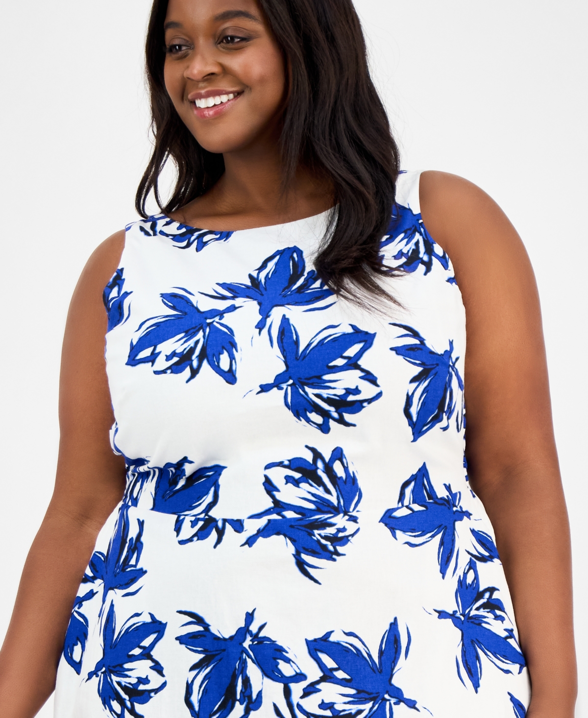 Anne Klein Plus Size Floral-print Linen-blend Fit & Flare Dress In Santorini Blue Multi